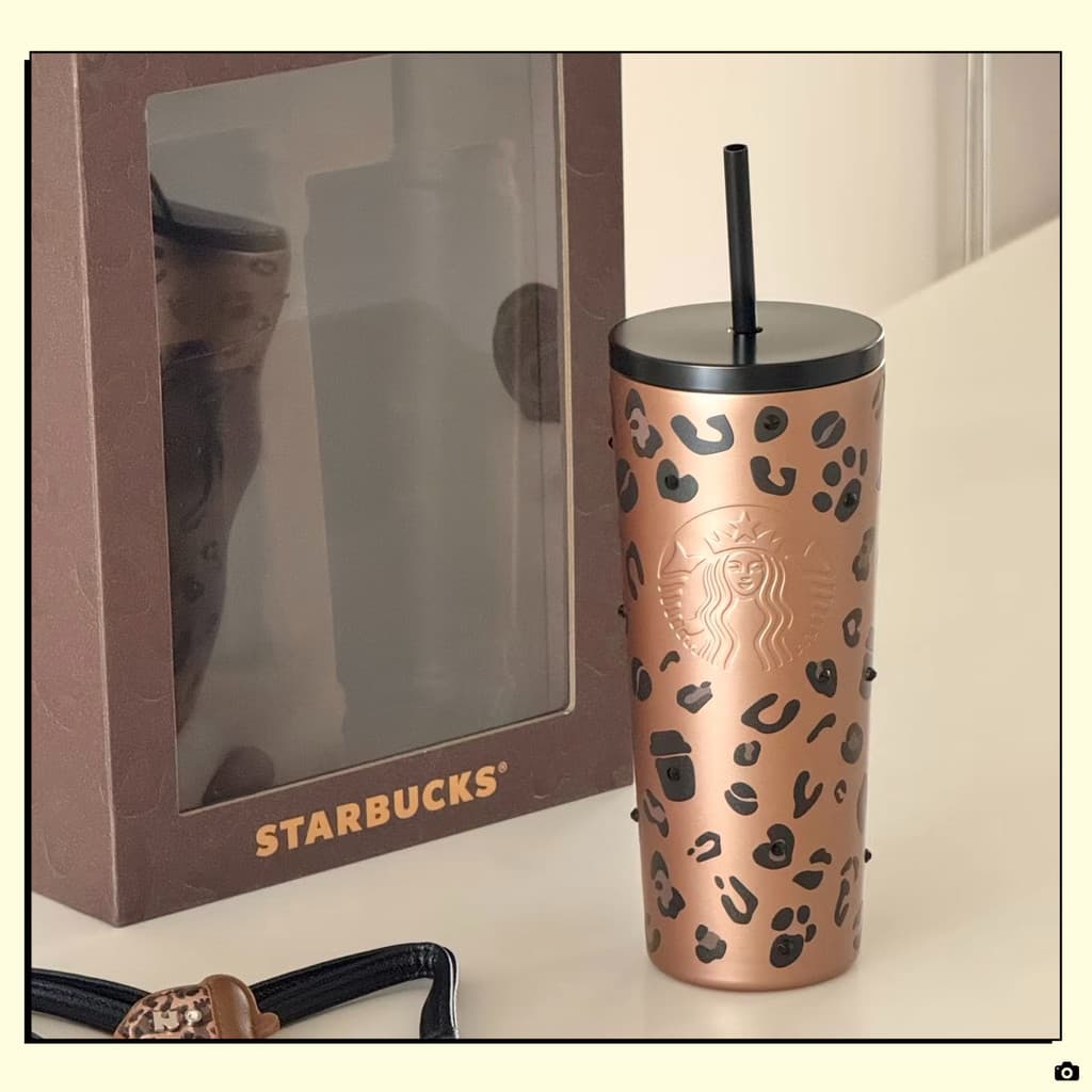 Starbucks 2026 verão leopardo impressão tom de café aço inoxidável superfície diamante tampa dupla copo palha Desktop co
