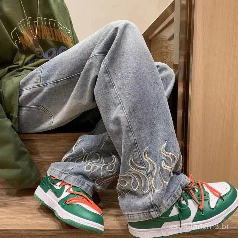 Calças Jeans Masculinas Largas e Soltas com Bordado de Chamas, Estilo Casual Hip Hop para Jovens