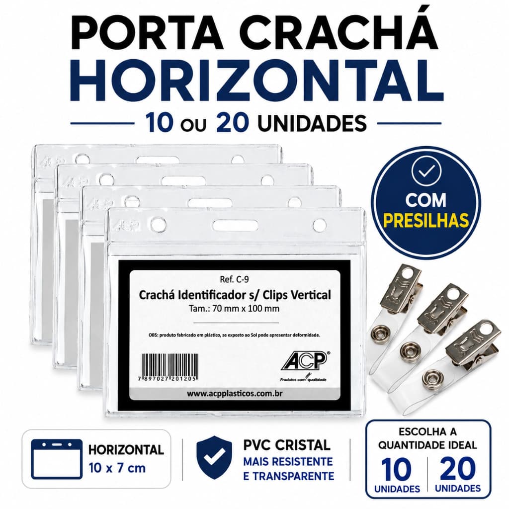 Porta Crachá Horizontal 10x7cm Com Presilha Jacaré Clips Transparente Kit 10 ou 20 Unidades