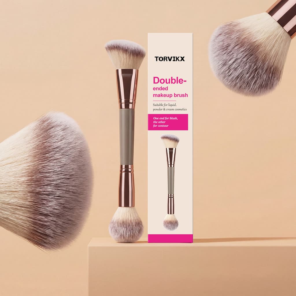 Pincel de maquiagem de duas cabeças - adequado para cosméticos líquidos, pó e cremosos, uma extremidade para Blush, o ou