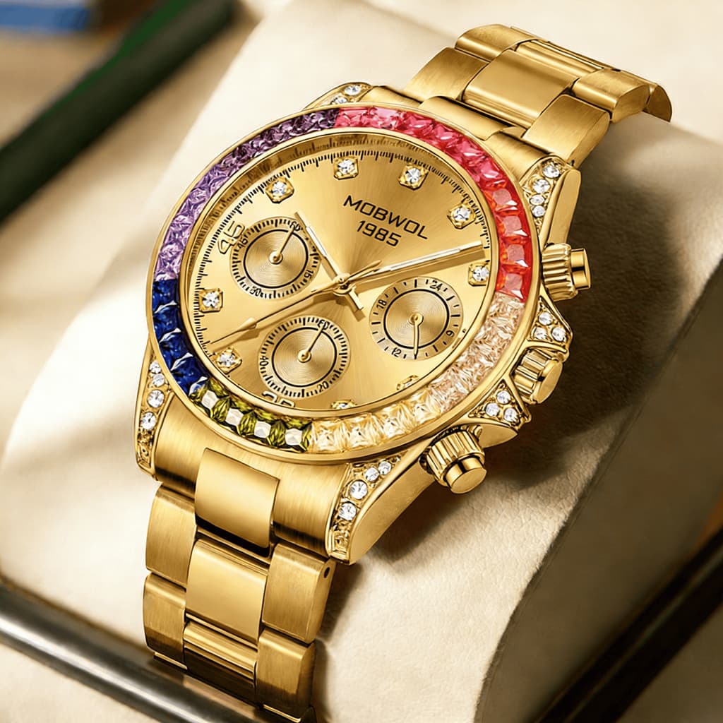 Relógio de Luxo Masculino MOBWOL, Movimento de Quartzo, Incrustado com Diamantes Dourados, Pulseira de Aço Inoxidável BL