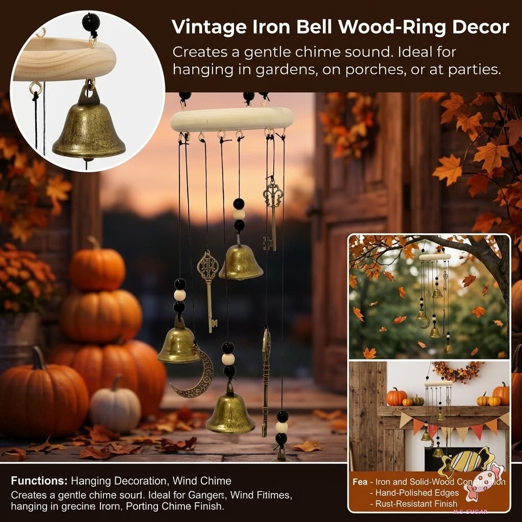 Anel De Madeira De Halloween , Sino De Metal , Carrilhão De Vento , Ornamento De Suspensão Vintage Para Jardim , Pátio ,