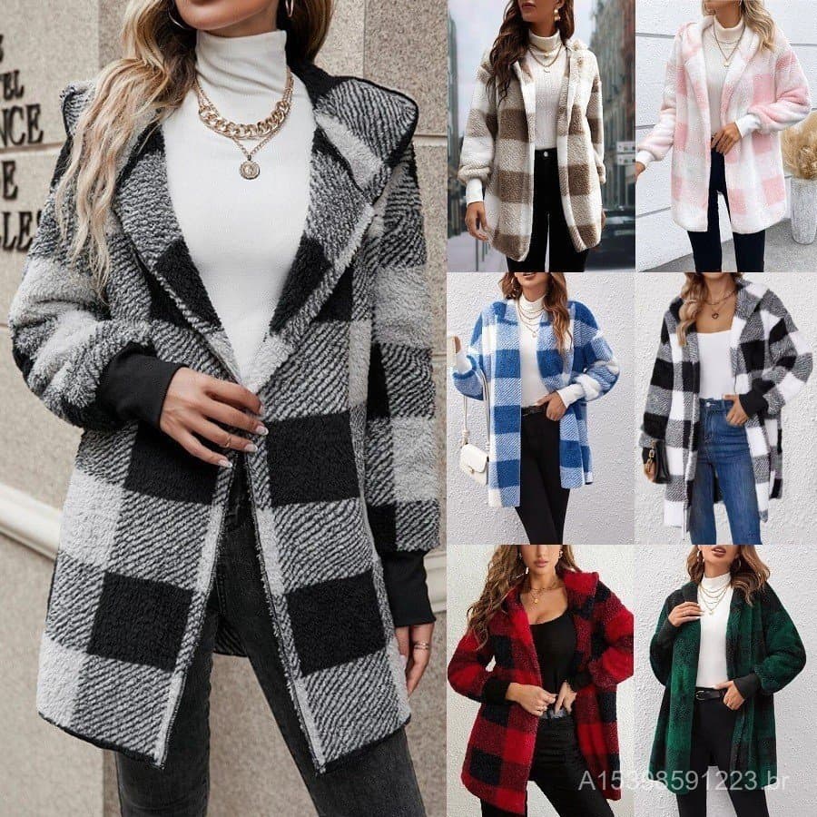 Cross-Border feminino venda quente europeu americano outono inverno com capuz xadrez térmico topo de comprimento médio m
