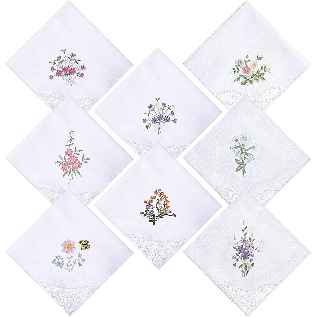 Lenços Vintage Florais para Mulheres, 8 Peças de Lenços de Algodão com Renda em um Canto, Estilo Macio e Lavável, Lenços