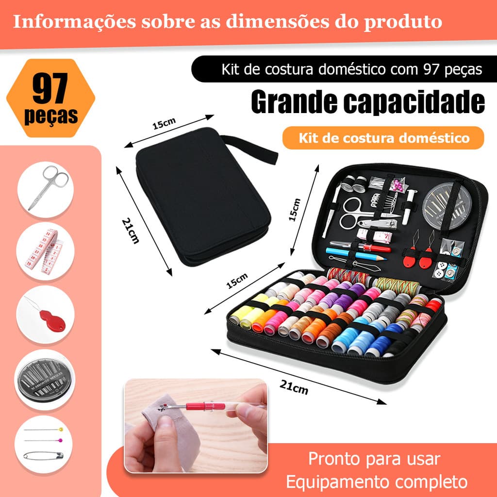 Kit Costura Completo 97 Peças com Linhas Coloridas, Agulhas, Tesoura, Alfinetes e Organizador