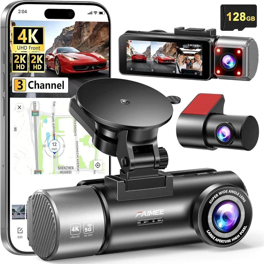 Câmera Veicular de 3 Canais 4K+2K+2K, Frontal e Traseira, Cartão de 128GB Incluído, Câmera para Carros com Wifi Duplo 5.