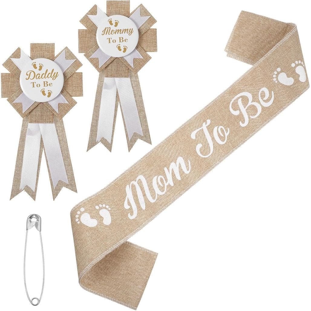 Faixa "Mãe a Ser" Verde Sálvia Neutra, Decorações para Chá de Bebê, Broche "Pai a Ser", Conjunto de Broches e Faixas Rús