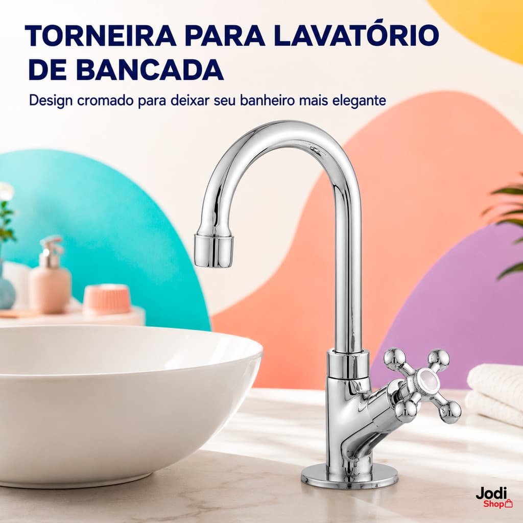 Torneira para Banheiro de Bancada Cromada com Bica Alta Curva e Cruzeta Lateral C-30