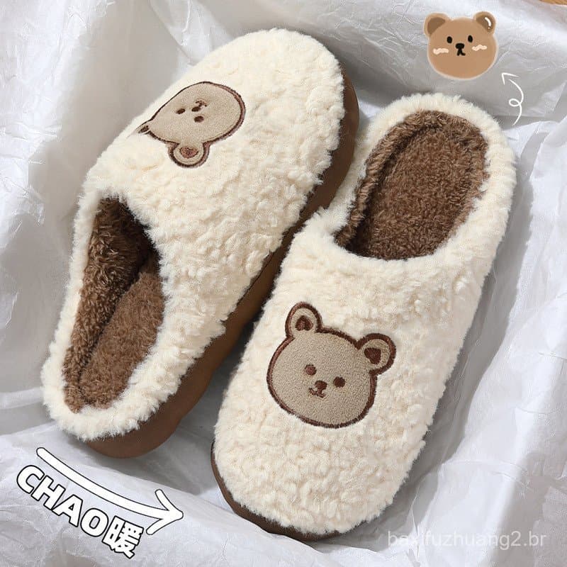 Urso chinelos de algodão feminino inverno dos desenhos animados bonito chinelos de pele casa de pelúcia quente chinelos