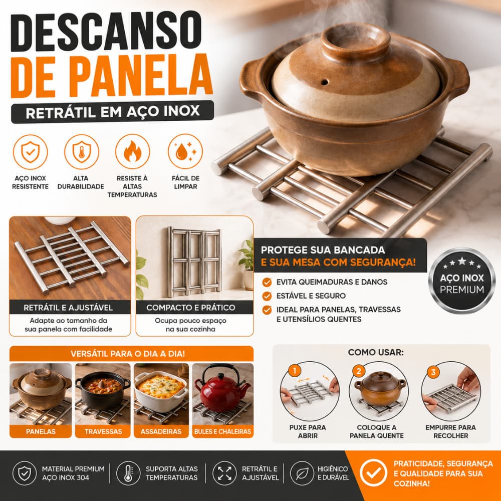 Descanso De Panela Retrátil Aço Inox Ajustável Suporte Para Panelas Travessas E Utensílios Quentes