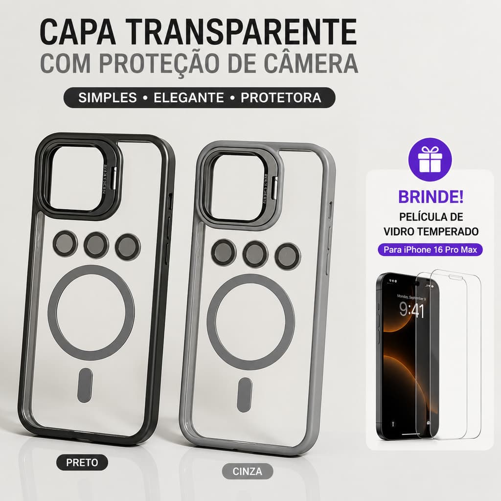 Kit Capinha Cristal Magnética para iPhone 16 Pro Max Anti Queda MagSafe + Película de Vidro
