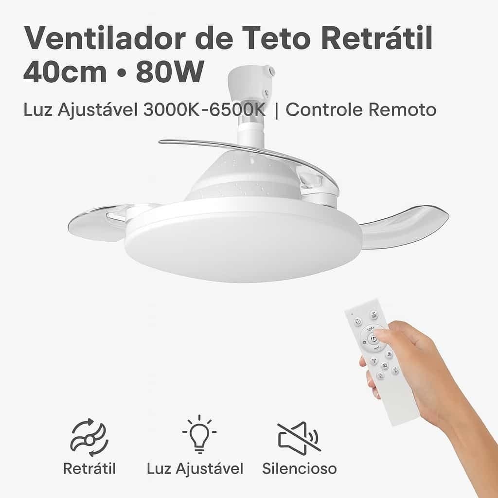 Ventilador de Teto Retrátil Viccoli 40cm 80W com Luz E27 3000K–6500K Controle Remoto Silencioso