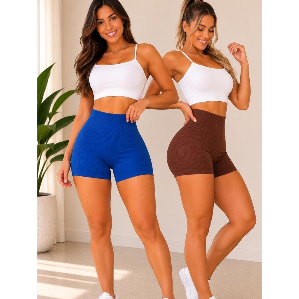 Kit 2 Shorts Feminino Canelado Anarruga Cintura Alta