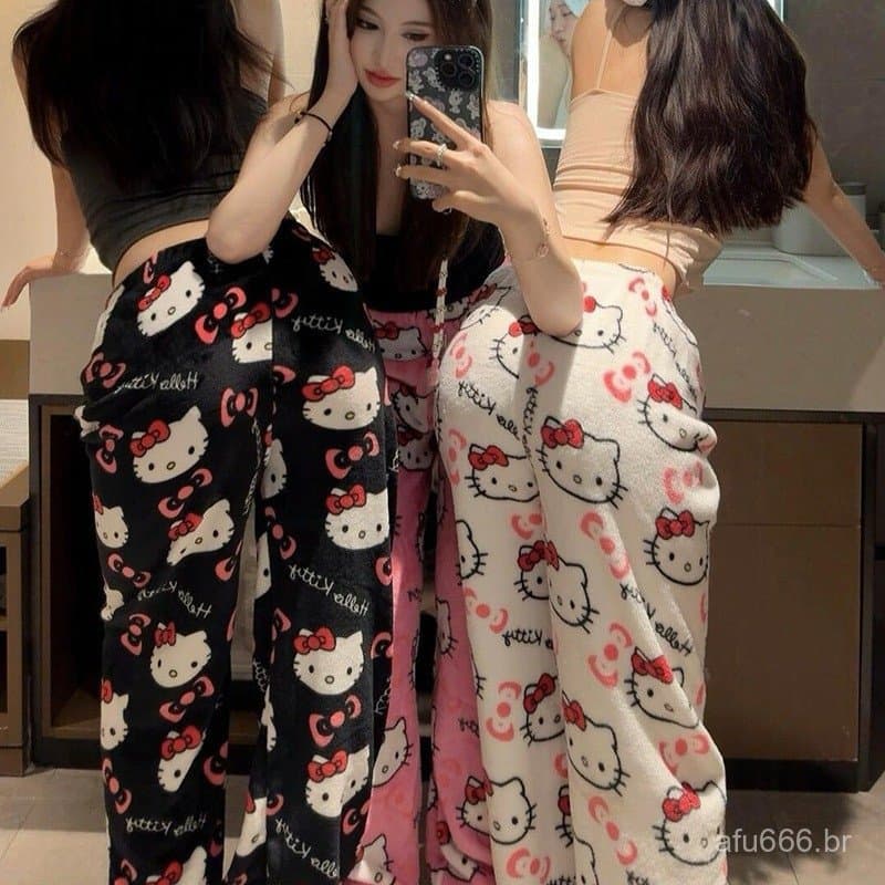 Estoque Pronto Soft Hello Kitty Pijama Calças Kawaii Kt Cat Mulheres Quentes Coral Velvet Britches Outono Inverno Pelúci