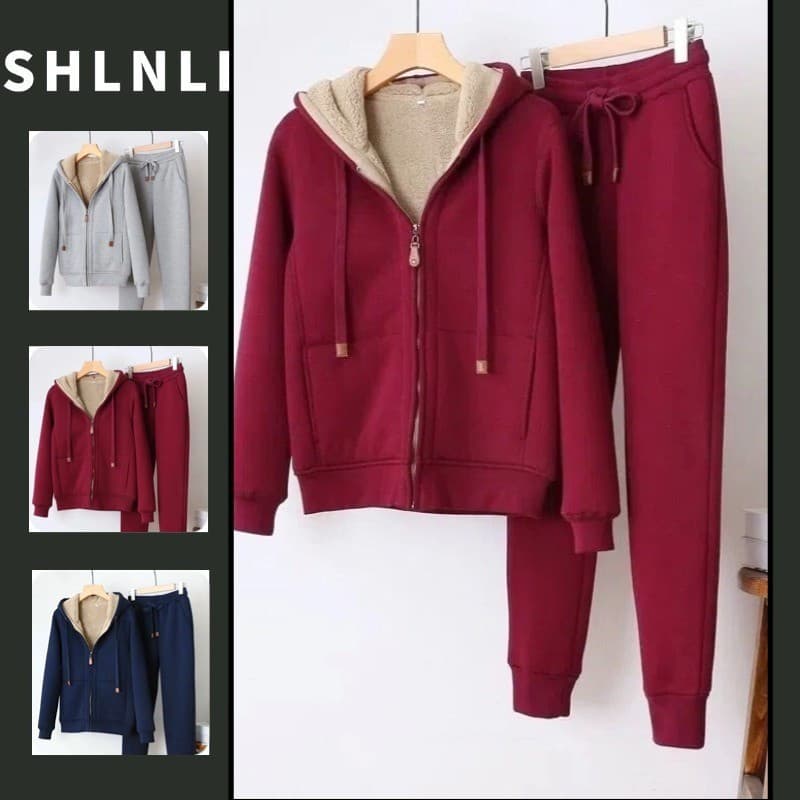Conjunto Feminino de Duas Peças Outono Inverno Tamanho Plus, Blusa com Capuz de Lã Sintética com Zíper + Calças Largas e