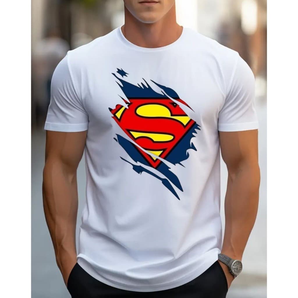 Camiseta T-shirt Lisa Masculina Premium 100% Algodão com Estampa Super Homem Casual