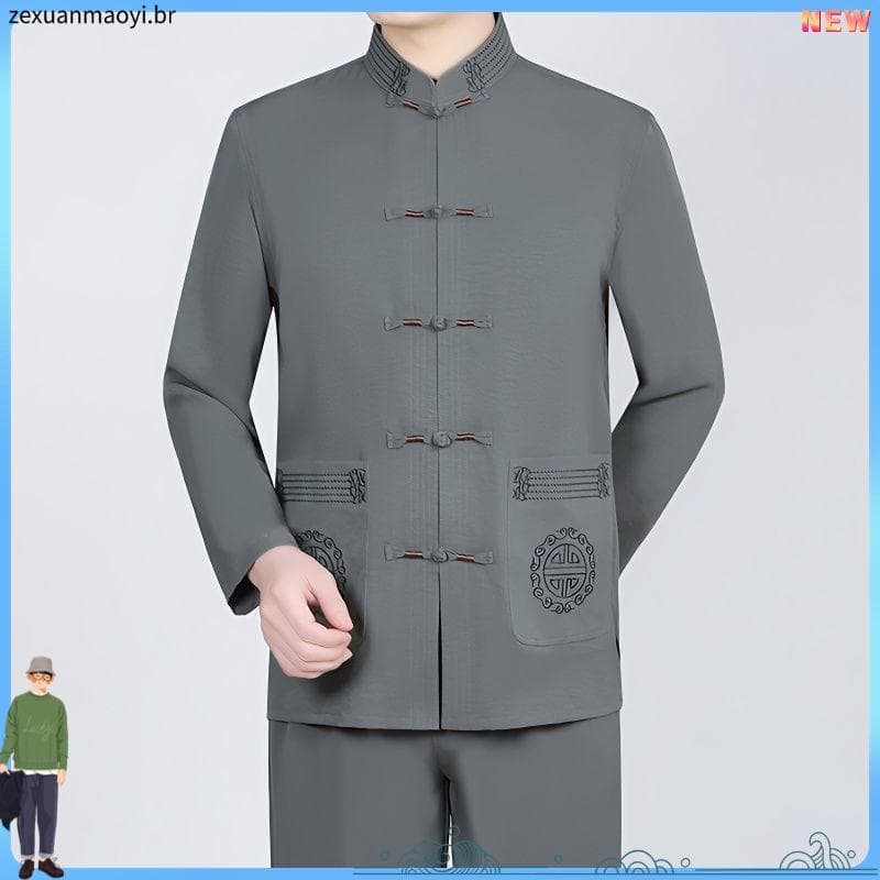 Casual estilo chinês Tang terno masculino primavera verão outono manga comprida estilo chinês fivela roupas masculinas t