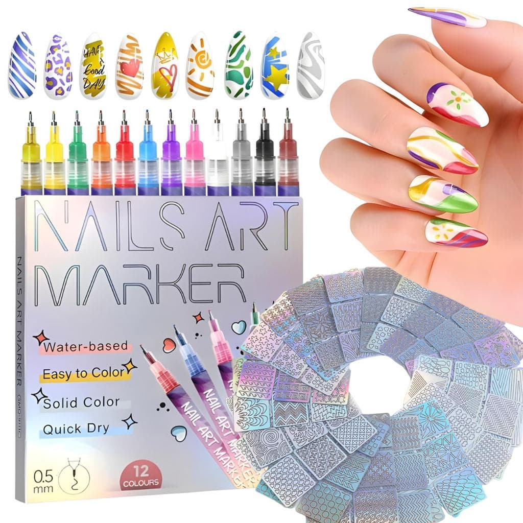 Conjunto de 12 Canetas para Arte de Unhas de 0,5 MM, Canetas para Esmalte, Caneta para Pontilhismo e Graffiti + 24 Adesi