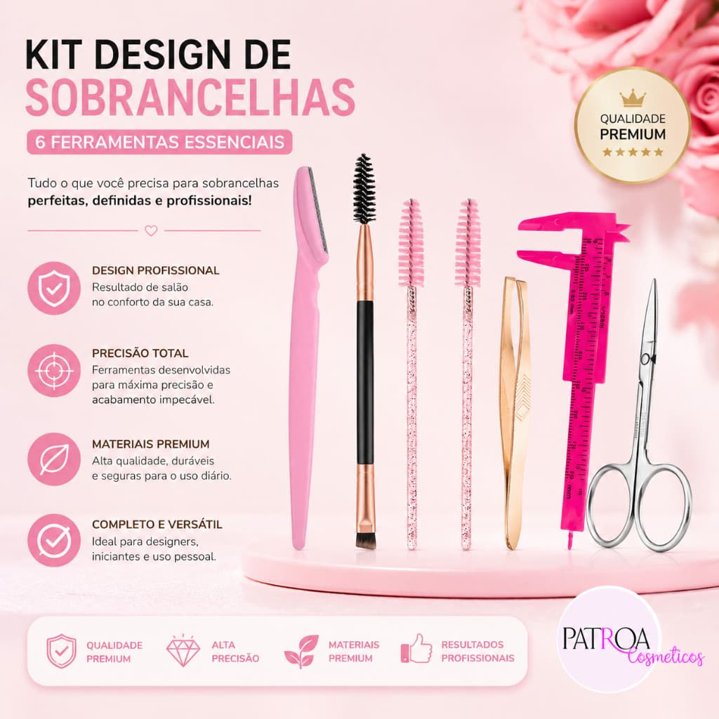 Kit Pincel Design Sobrancelhas Paquímetro  Escovinha Pinceis Navalha tesourinha