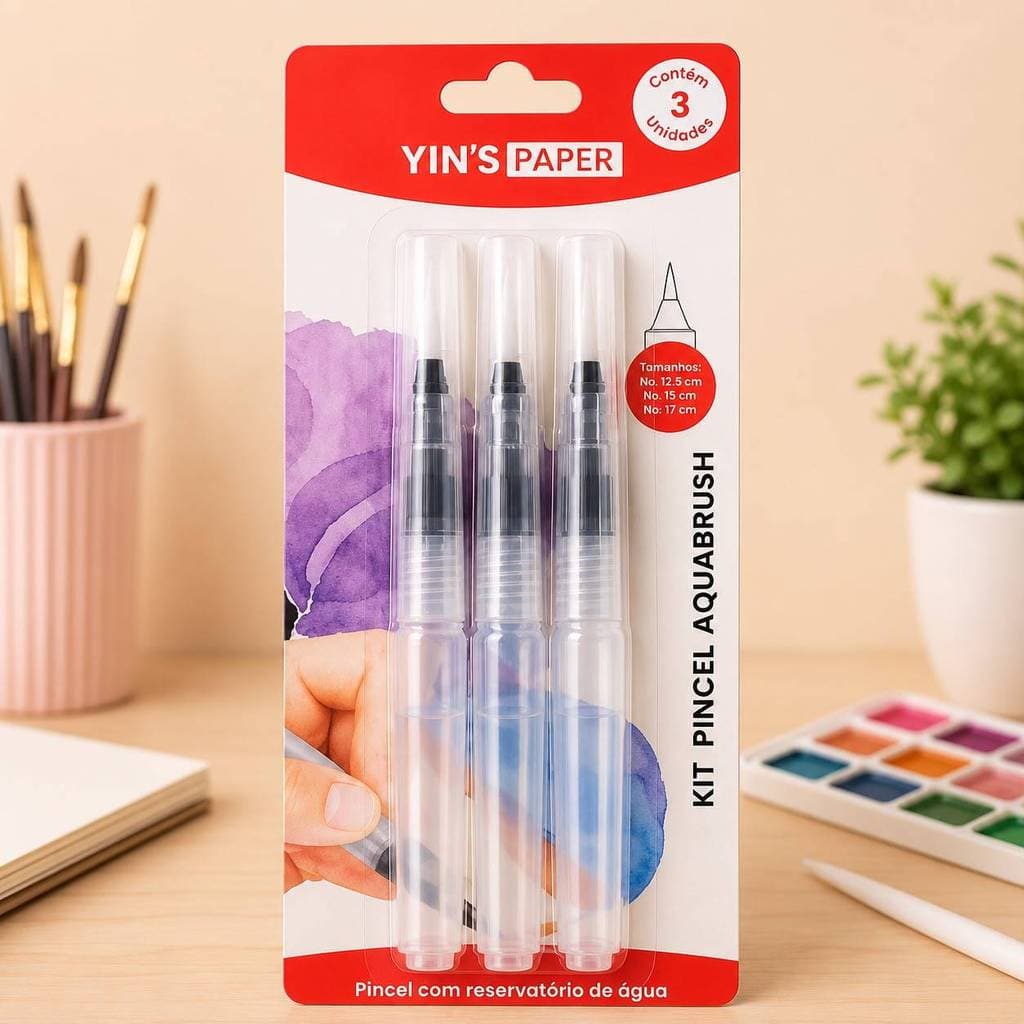 Pincel Aquático Kit 3 Tamanhos Water Brush Pen para Pintura Aquarela
