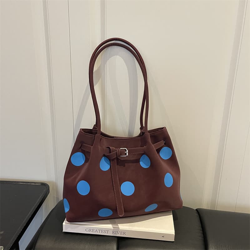 Bolsa de Ombro Feminina Estilosa e Versátil com Estampa de Bolinhas para o Verão, Grande Capacidade para Compras e Uso D