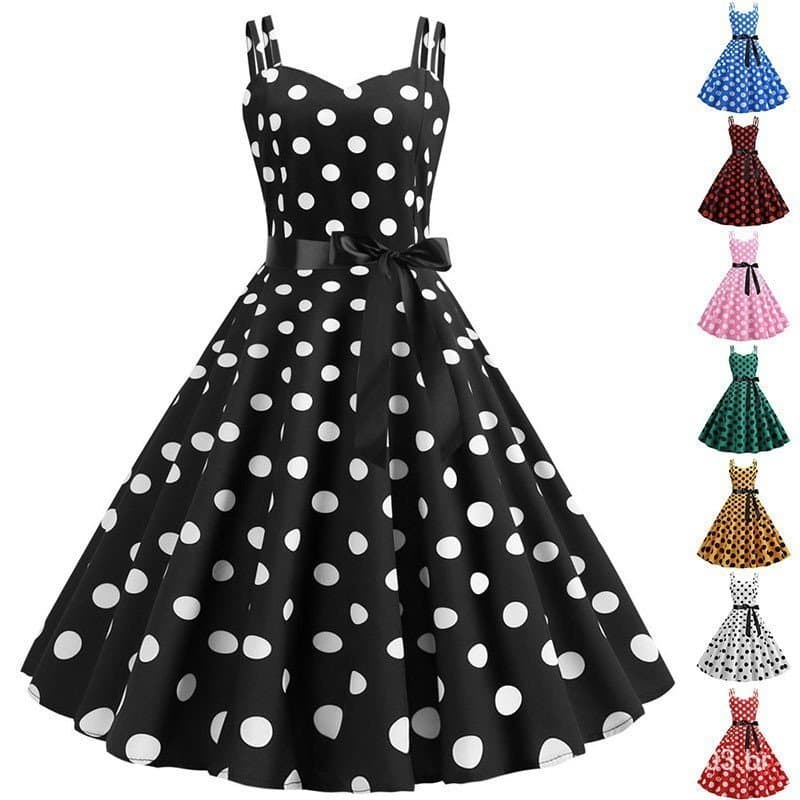 Vestido de Festa Feminino Estilo Retrô Anos 50 60 com Alças Finas e Estampa de Bolinhas PVNZ