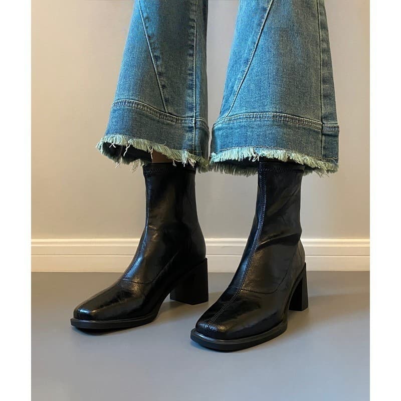 Botas curtas para o dia a dia, botas de salto alto elásticas e justas, botas de salto grosso retro de sola macia para o