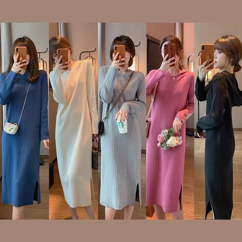 Estilo preguiçoso sobre o joelho camisola saia feminina outono inverno manga comprida com capuz comprimento médio solto