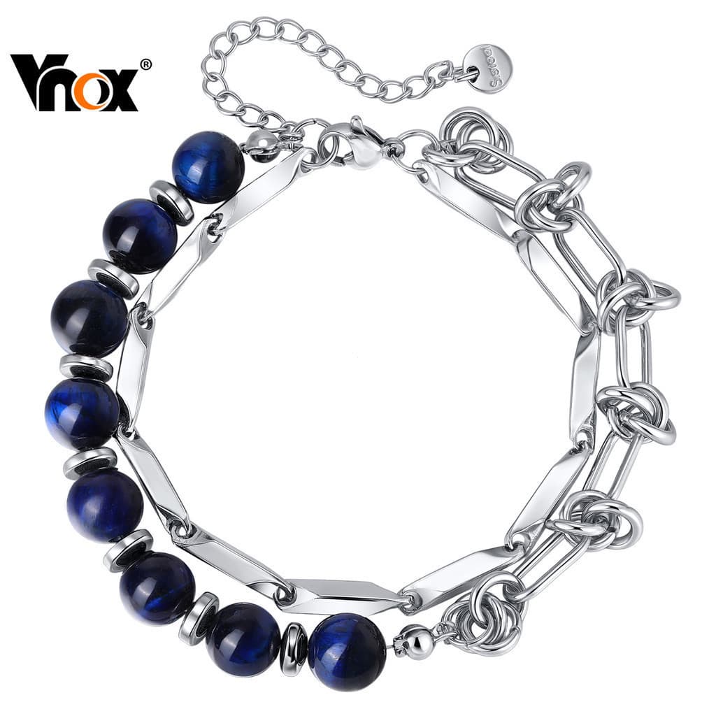 Pulseira masculina Vnox com corrente de contas, ajustável, à prova d'água, design de dupla camada, pode ser combinada co