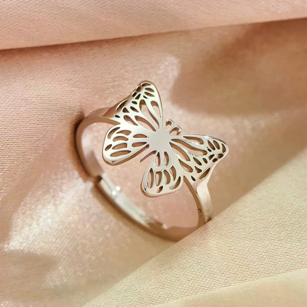 [Anel oco borboleta feminino estilo coreano luz luxo nicho Design anel aberto de aço inoxidável] novo estilo moda ajustá