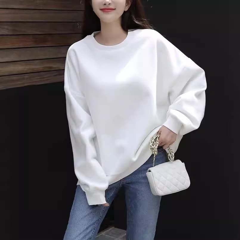 Moletom Feminino de Gola Redonda 2026 Novo Outono Inverno Forrado com Fleece Sem Capuz Estilo Europeu Solto e Moderno de