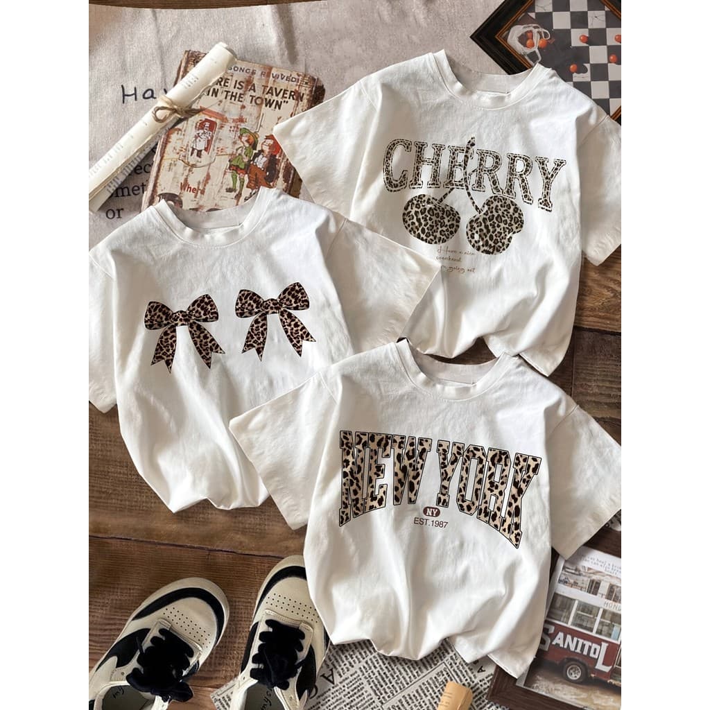 Conjunto de 3 Peças de Camisetas Curtas com Estampa de Leopardo e Gola Redonda para Mulheres, Verão