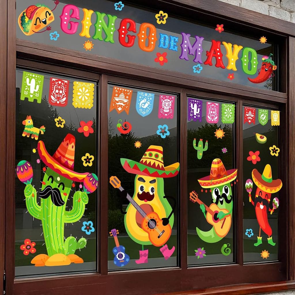 Whaline Adesivos de Janela Extra Grandes para Festa Mexicana, 4 Folhas, Decalques de Janela para Cinco de Mayo, Cacto, G