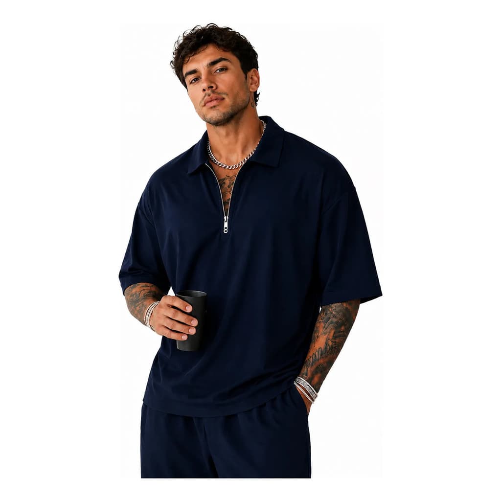 Polo Masculina Oversized Premium Half Zip Gola Alta Camiseta Casual Street Manga Curta