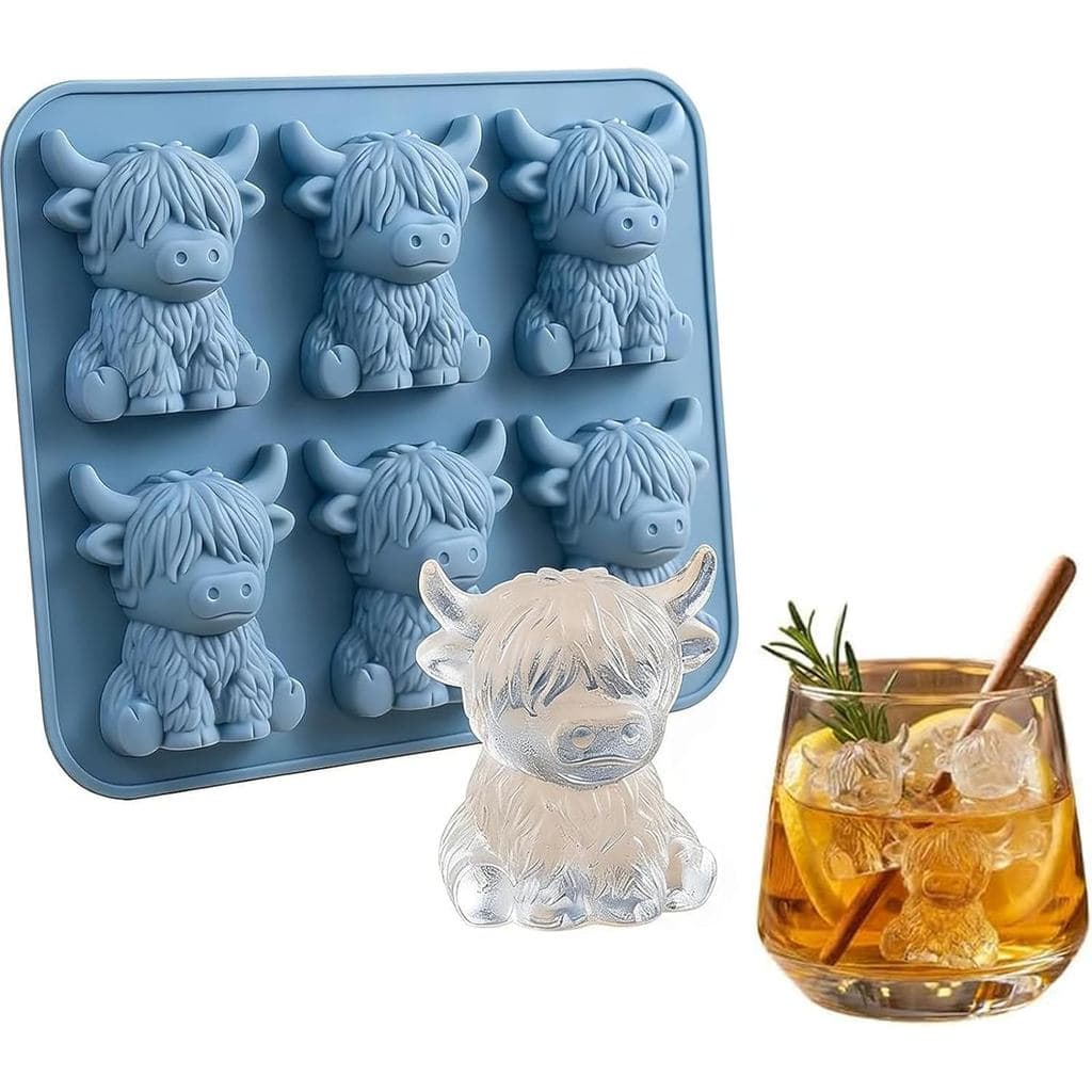 Forma de Gelo em Forma de Mini Vaca Highland, Bandeja de Gelo de Silicone 3D Fofa para Whisky, Coquetéis, Café, Forma de