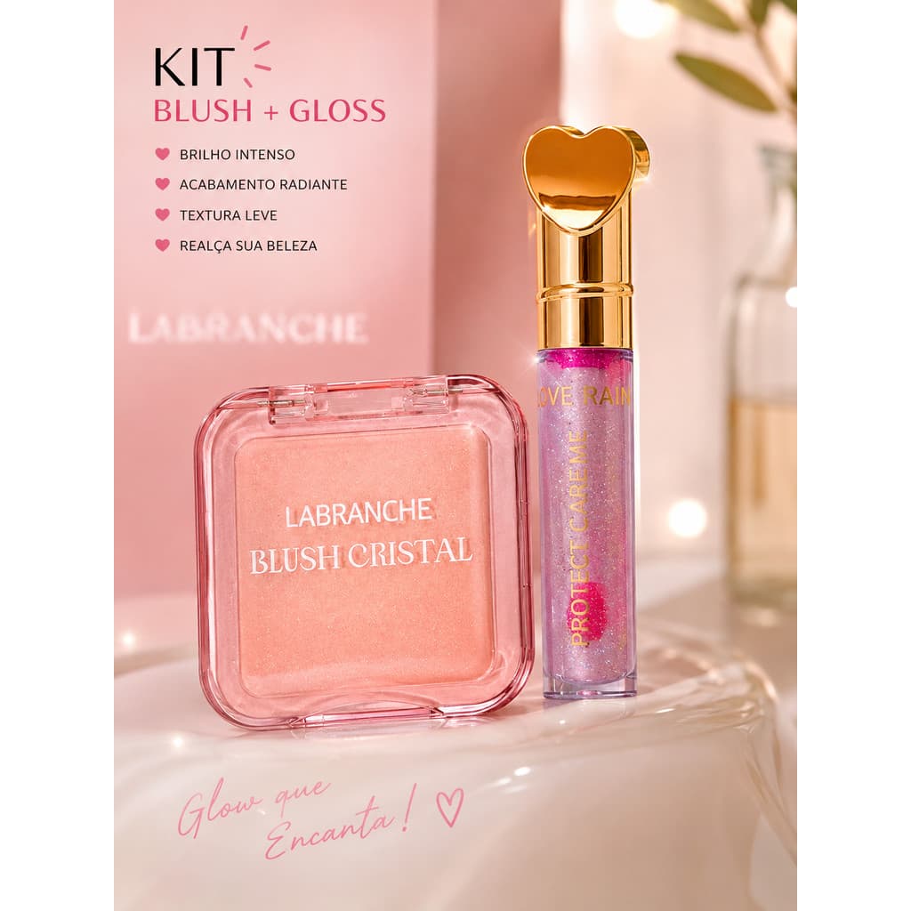 Kit Blush Cristal Mágico + COLLAGEN BRILHO LABIAL MODELO CORAÇAO OU MODELO COM ESPELHO Muda de Cor | 4 Variações