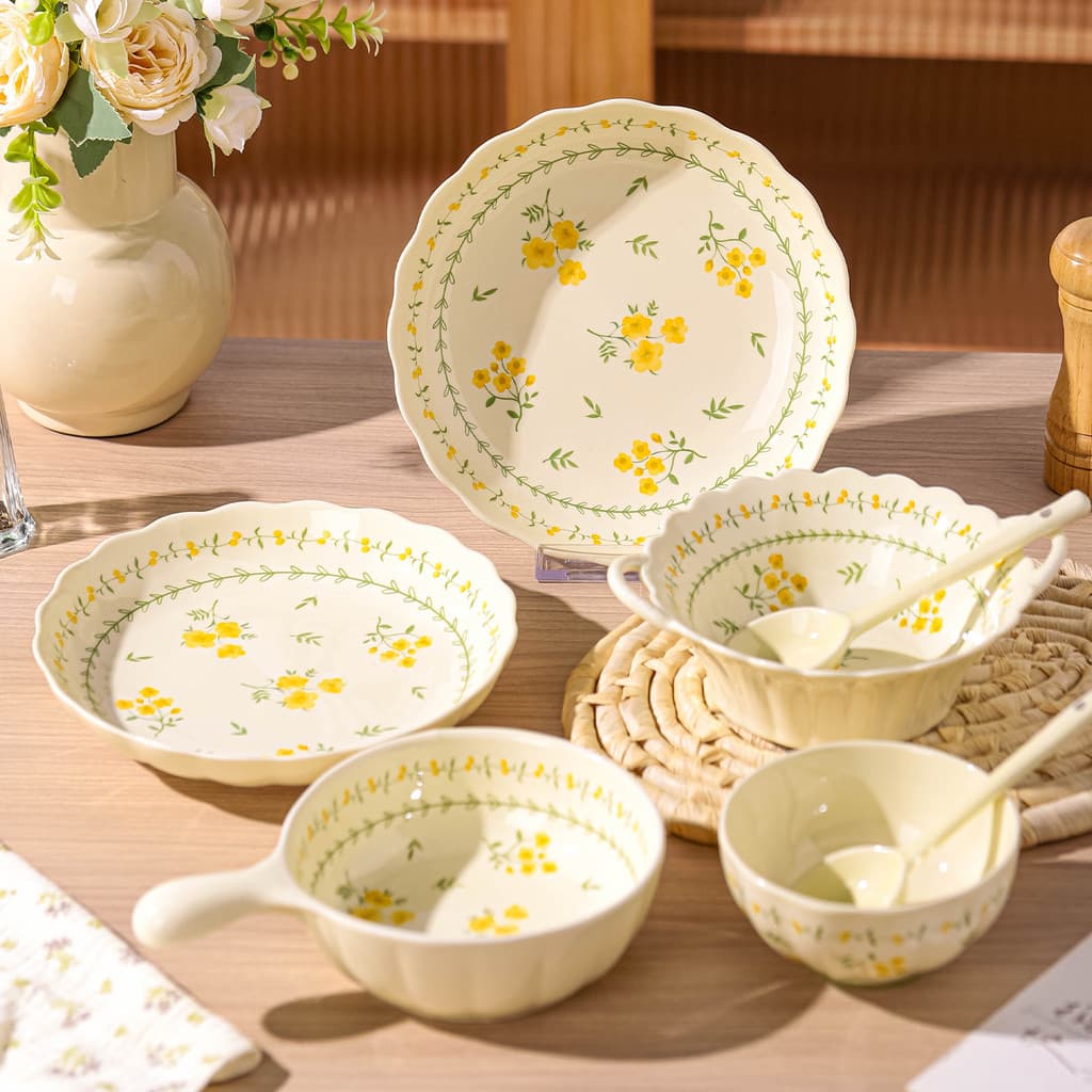 Conjunto de louça de cerâmica em estilo rústico, pratos e tigelas de porcelana, utensílios de mesa de cerâmica, tigelas