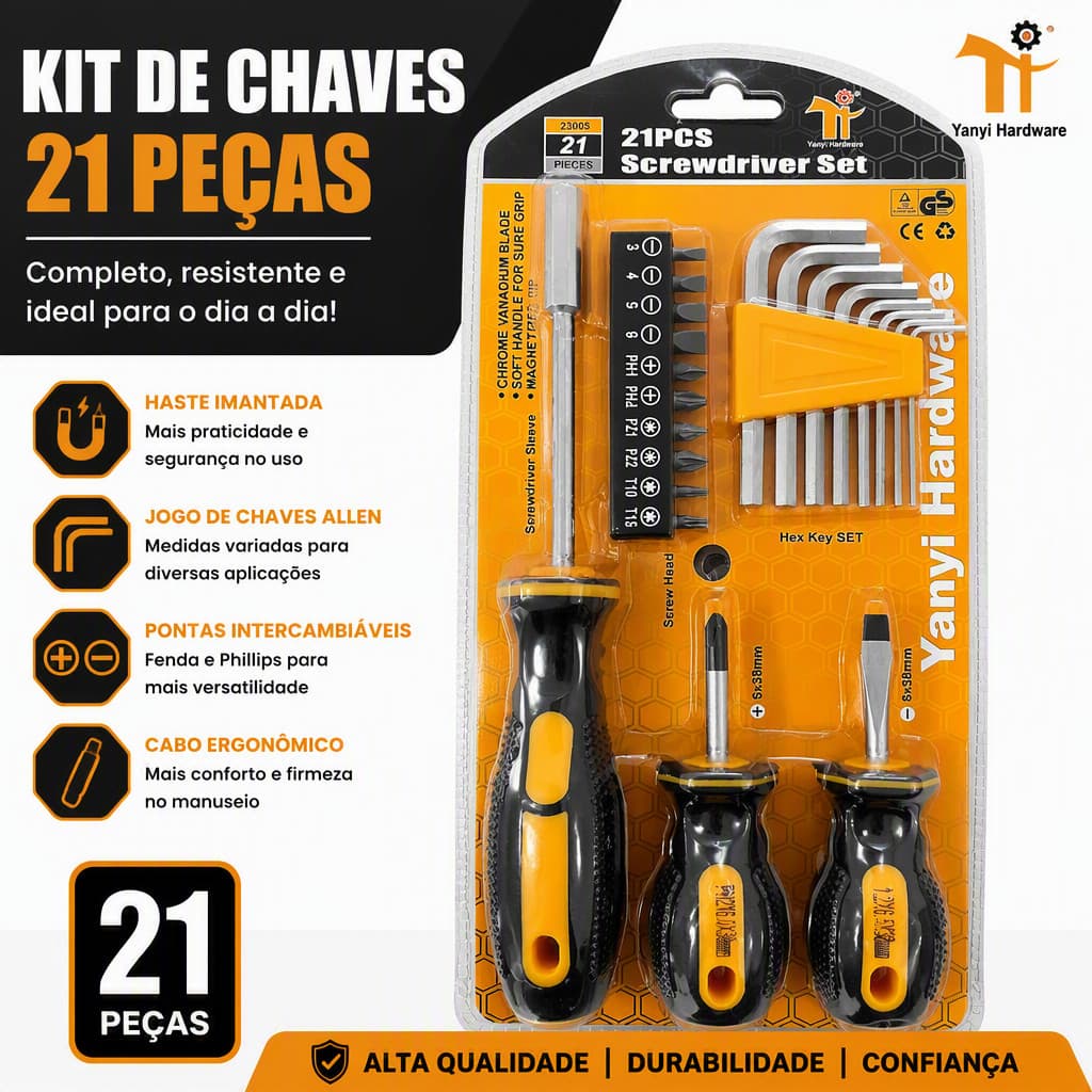 Kit Chave de Fenda 21 Peças | Chave Allen + Bits Torx Phillips Fenda | Aço Cromo Vanádio Magnética