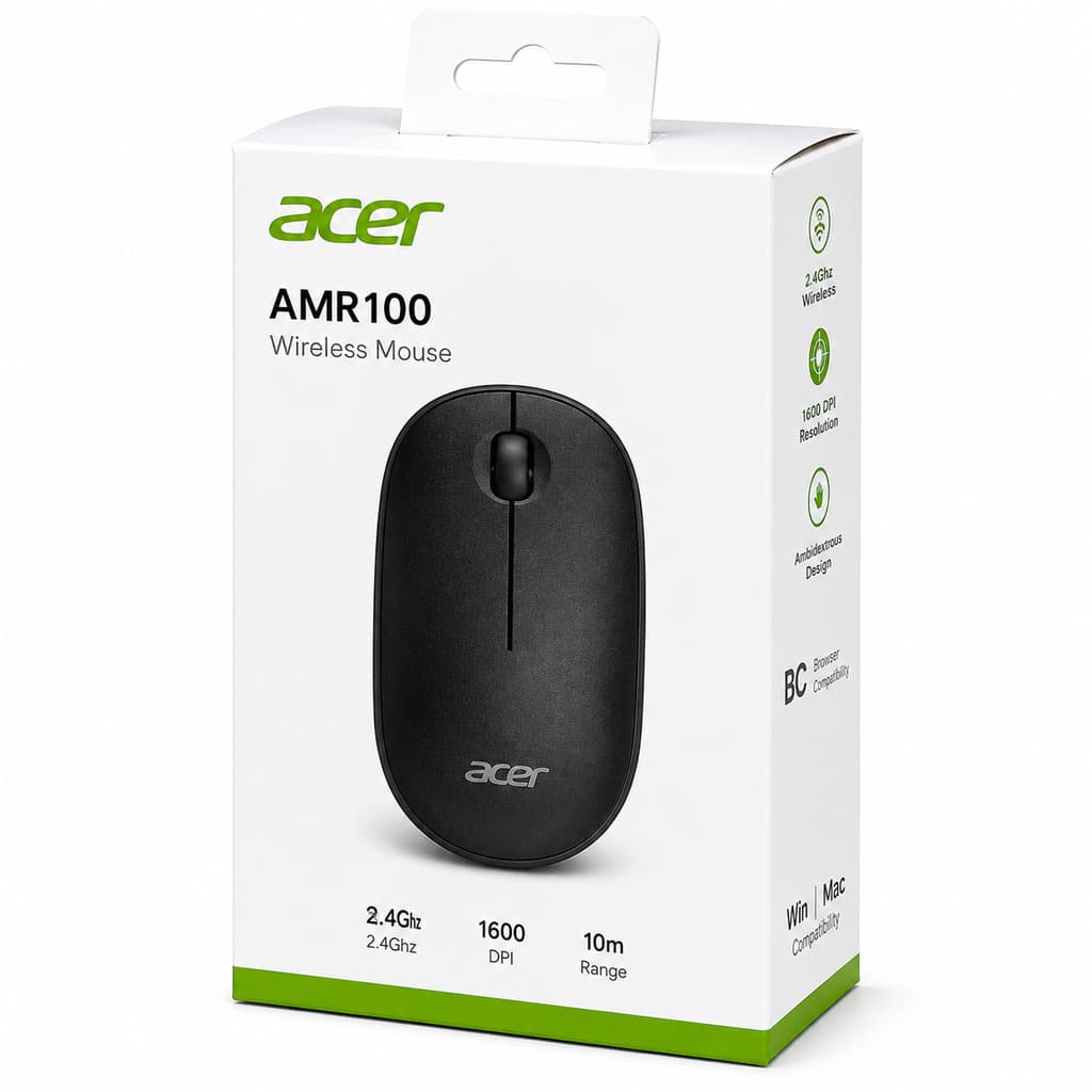 Mouse Acer Amr100 – Sem Fio Ergonômico 1600 Dpi – Preto