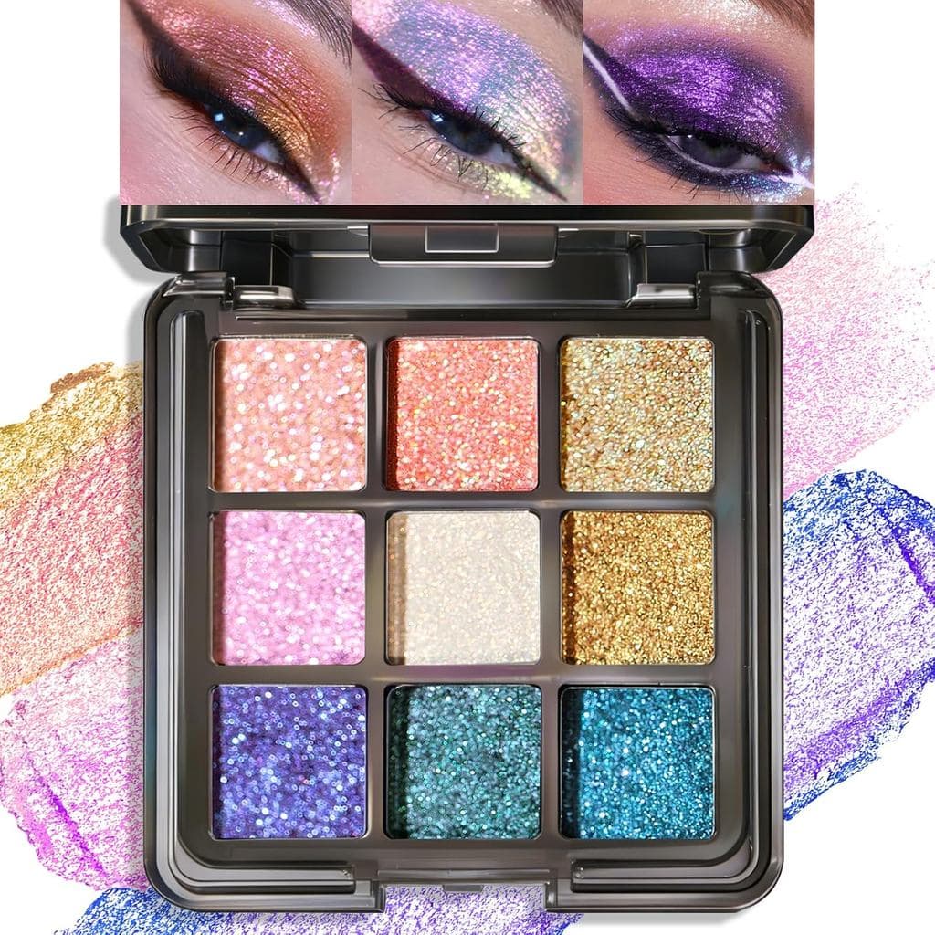 Paleta de Sombras Holográficas com Glitter em 9 Cores |   Sombra de Olhos em Creme Multicromática com Efeito Camaleão, A