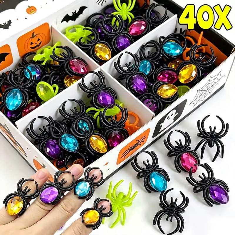 Anéis Ajustáveis PP Com Tema De Halloween-Cores Misturadas Vívidas Aranha Gema Morcego Caveira Padrões Anel Presente De