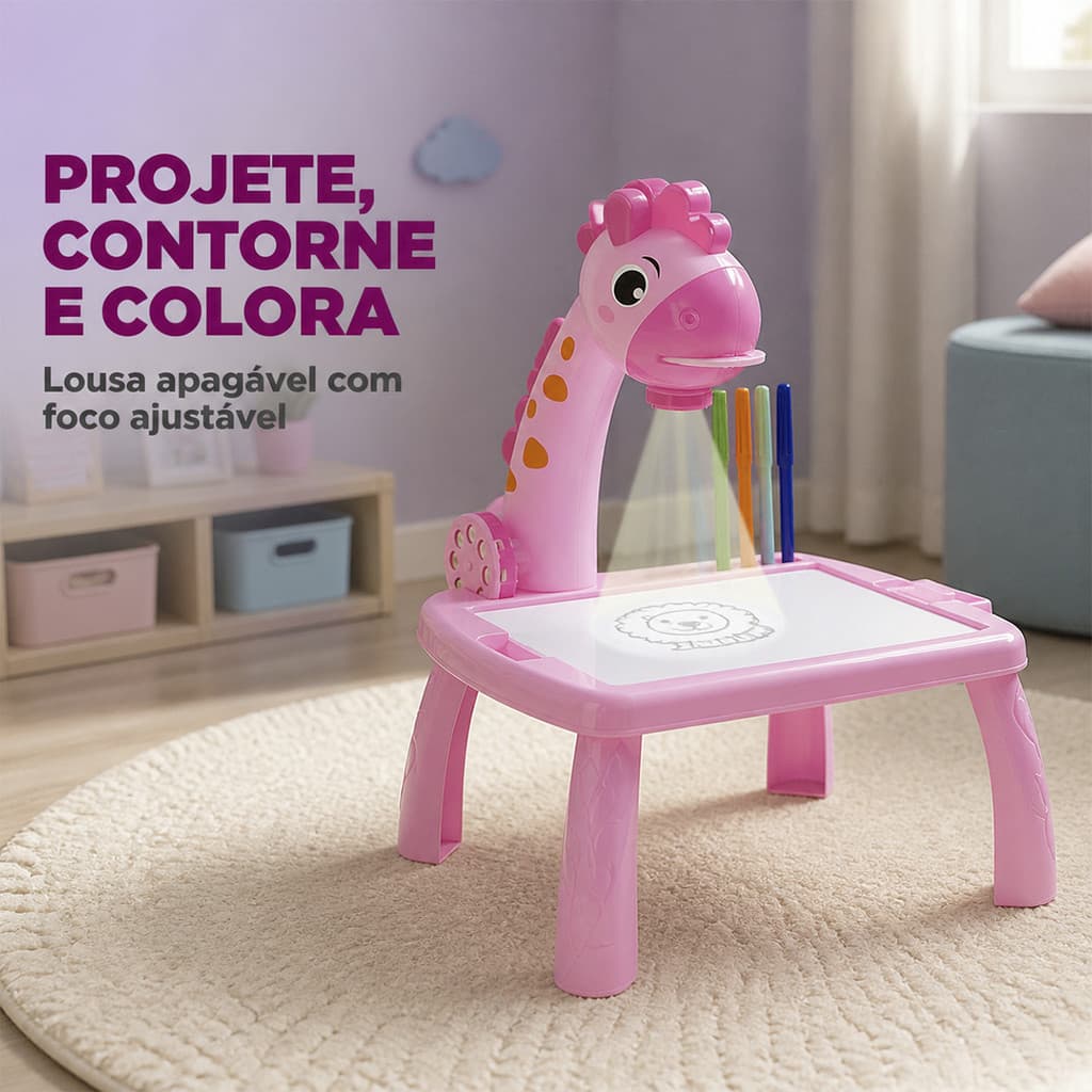 Mesa de Desenho Infantil Rosa Girafa para Copiar Figuras com 12 Canetinhas Com Apagador