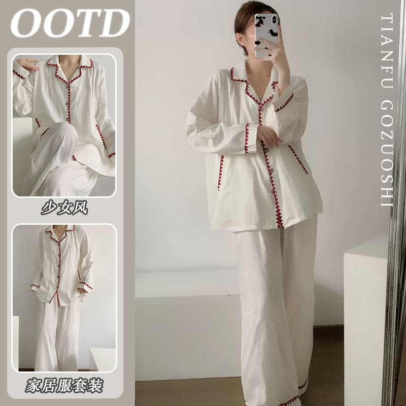 Poly-Cotton Coreano Vermelho Emendado Cardigan Manga Comprida Calças Compridas Pijama
