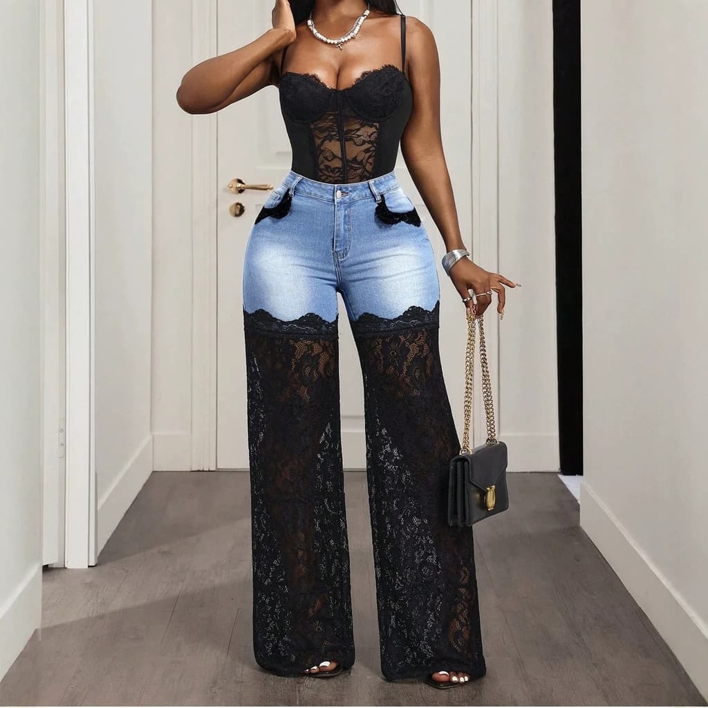 calca jeans Femininos De Renda E , Calças Femininas Lavadas Com Retalhos De Cintura Alta Soltas De Pernas Largas