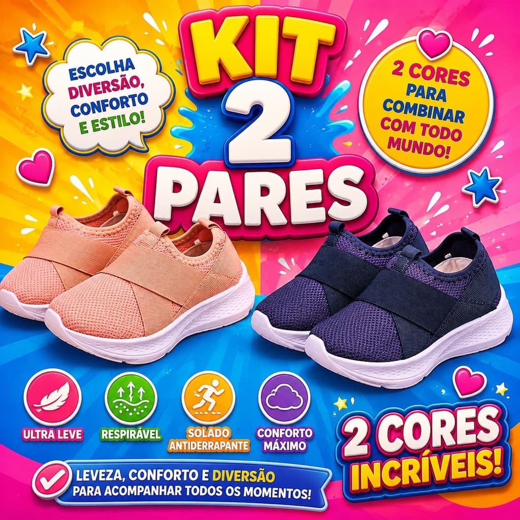 Kit 2 Pares Tênis Infantil Confortável Leve Respirável Macio Calce Fácil Sem Cadarço Infantil Bom