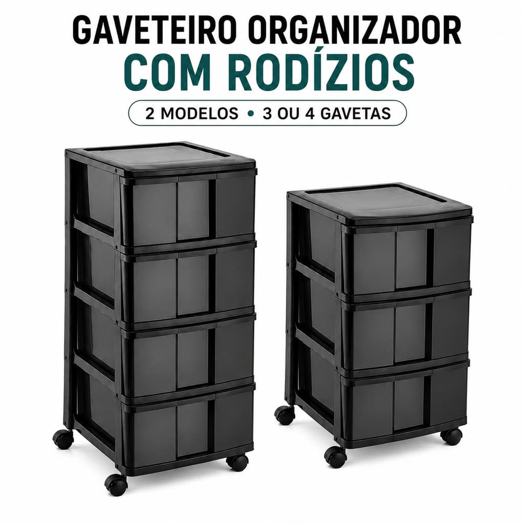 Gaveteiro Plástico Organizador 3 e 4 Gavetas com Rodinhas Multiuso para Casa Escritório