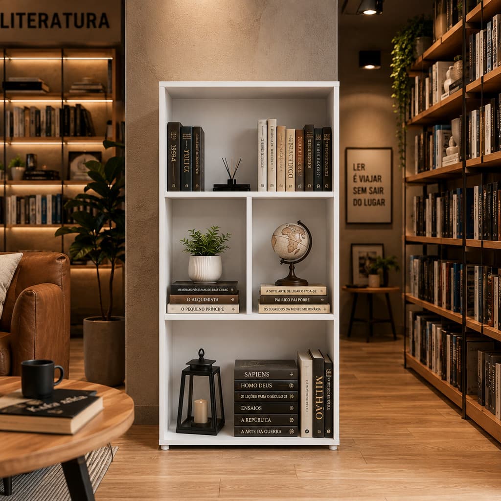 Livreiro Organizador 5 Nichos Branco em MDP Multiuso para Sala, Quarto, Escritório e Home Office