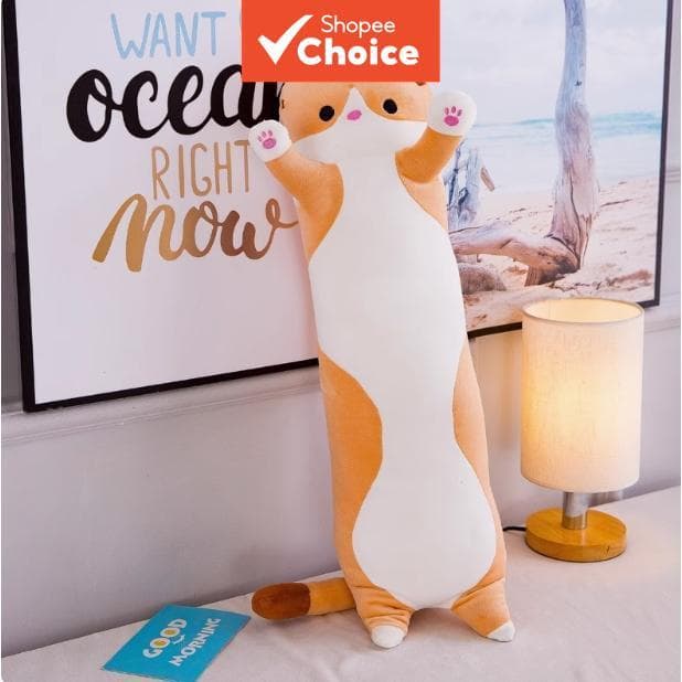Almofada de Pelúcia Gato Fofinha – Travesseiro Longo de Pano, 110cm, Estilo Coreano, Brinquedo de Dormir para Cama