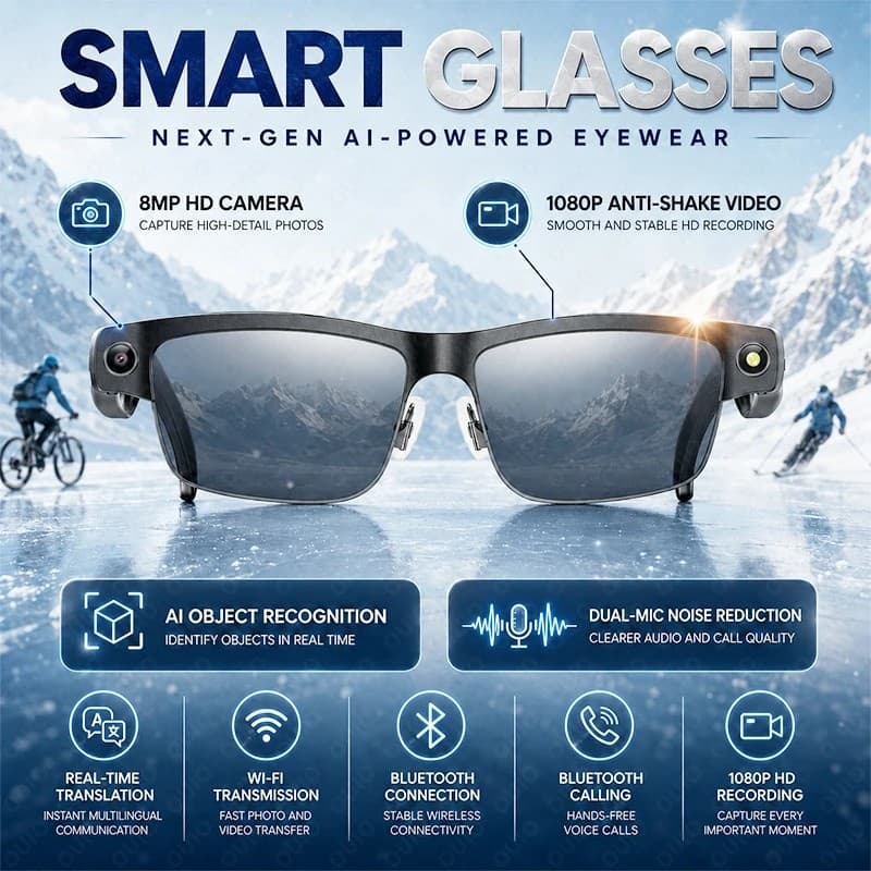 AI Óculos Inteligentes 8MP Câmera HD 1080P Anti-Vibração Gravação De Vídeo Bluetooth Chamada Tradução Em Tempo Real De R