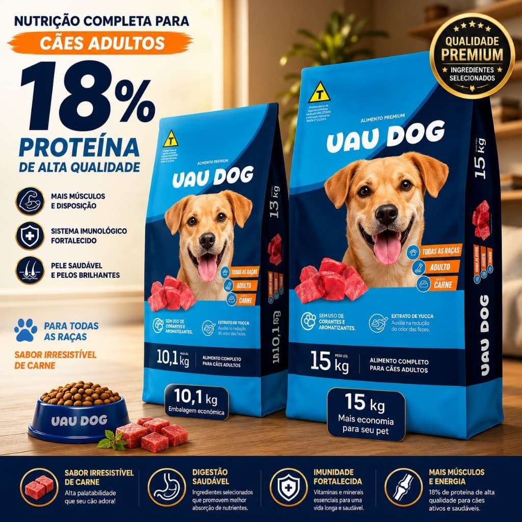 Ração Cachorro 15kg ou 10kg Uau Dog Sabor Carne 18% Proteína